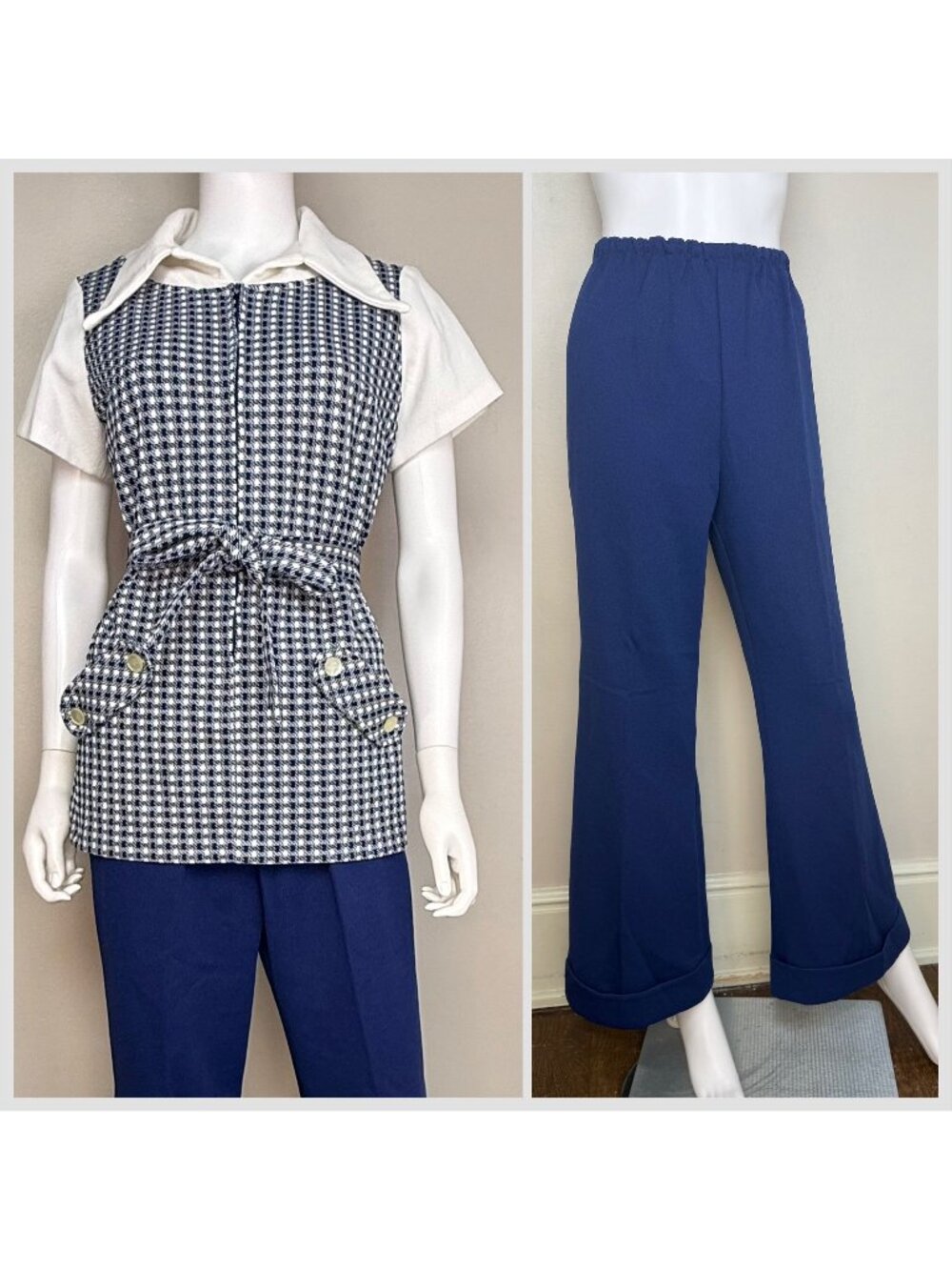 Vintage 1970s Double Knit Pant Suit, Blue Polyester Tunic & Bell Bottoms Set, M